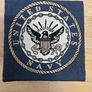 Vintage Wooden Foot Stool- US Navy - Ottoman W/ Storage & Padded Tapestry